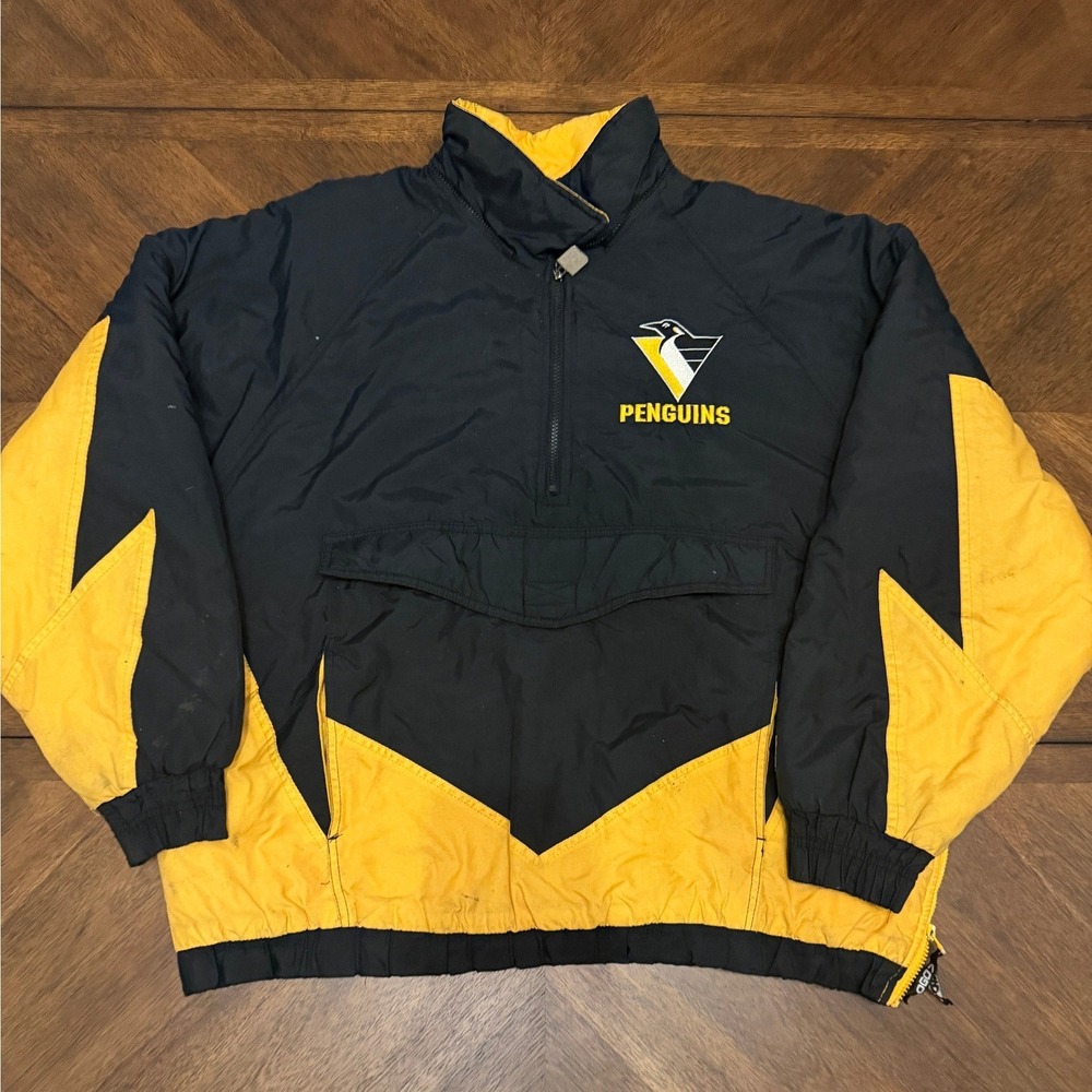 Vintage Logo 7 Pittsburgh Penguins NHL Puffer Jacket XL Black Yellow 90s Anorak